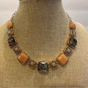 Avon Necklace marked “NRO” gold tone w/ abalone & peach faceted crystals